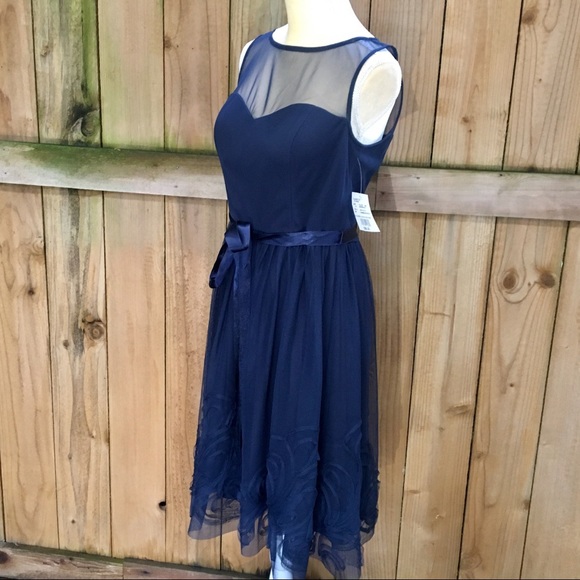 David’s Bridal Illusion Neckline Navy Dress NWT - Picture 6 of 8